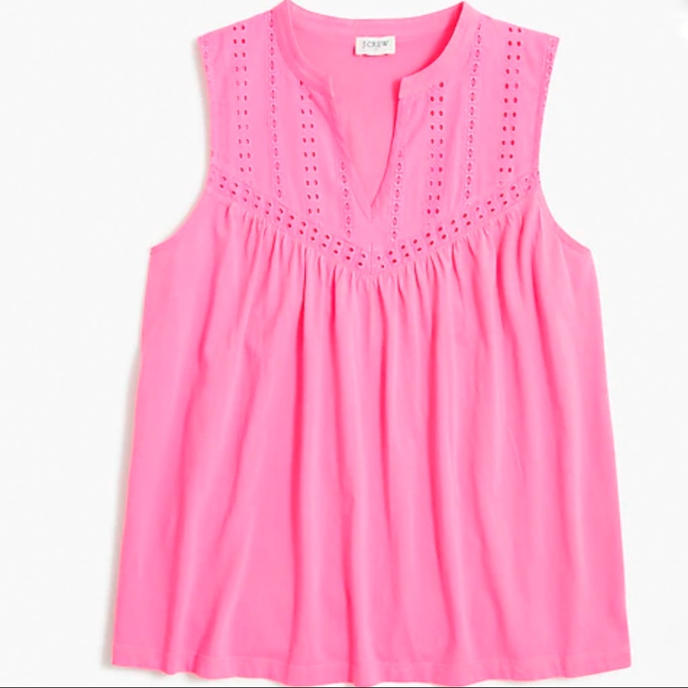 J Crew Factory Flamingo Pink Cotton Eyelet Sleeveless Notch V Neck Top NWT